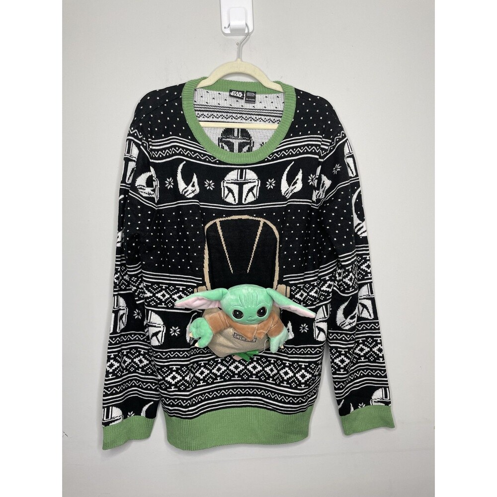 Star Wars Sweater Mens 2XL Black Grogu Plush Pocket Christmas Ugly Mandolorian